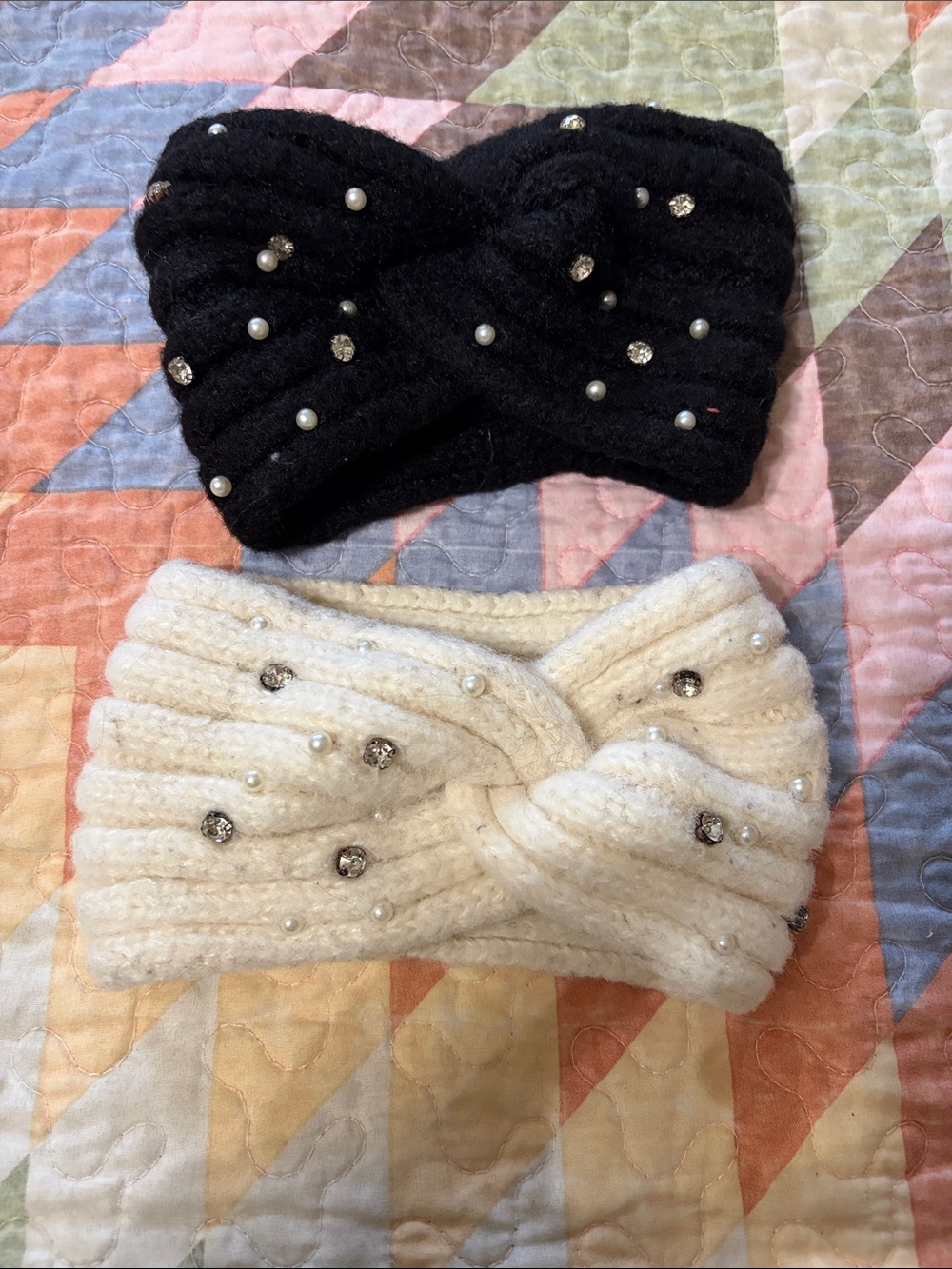 Kids Faux Pearl & Crystal Knit Headband - Black and Cream